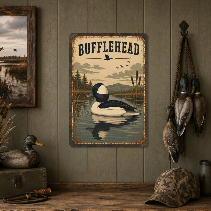 Bufflehead Duck metal sign with vintage duck identification portrait style Bufflehead Duck