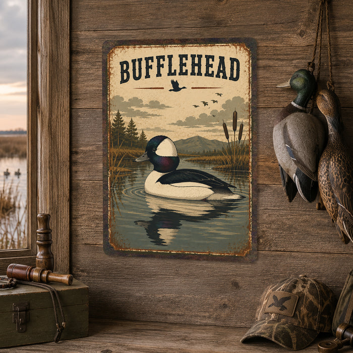 Bufflehead Duck metal sign with vintage duck identification portrait style Bufflehead Duck