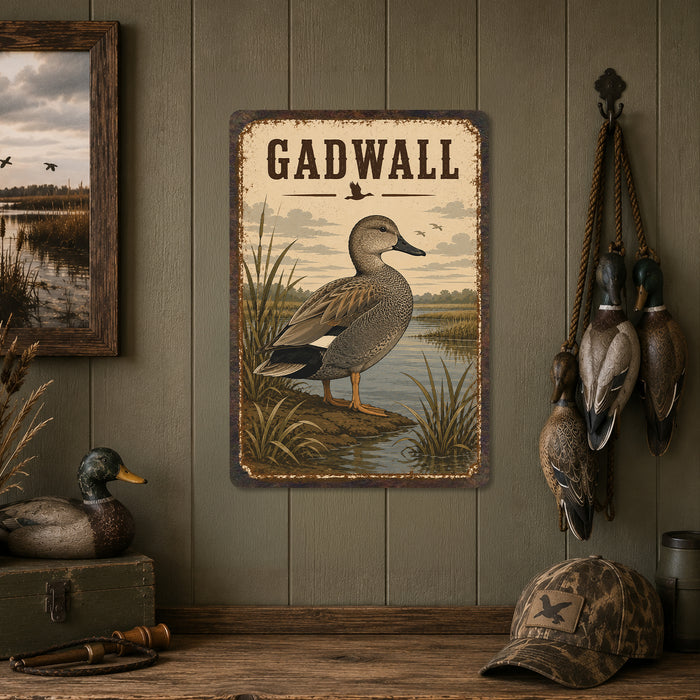 Gadwall Duck metal sign with vintage duck identification portrait style Gadwall Duck