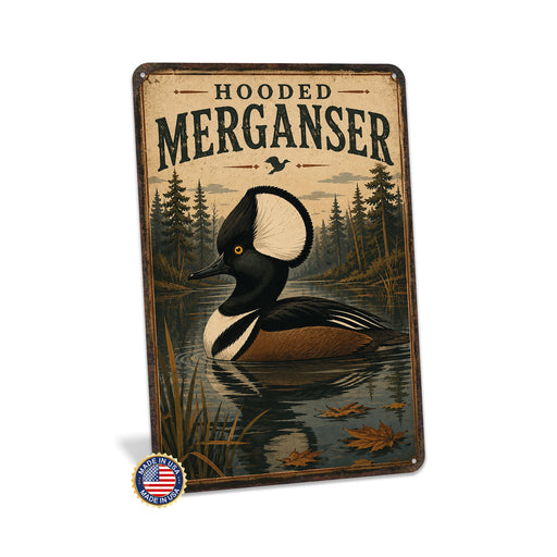 Hooded Merganser metal sign with vintage duck identification portrait style Hooded Merganser