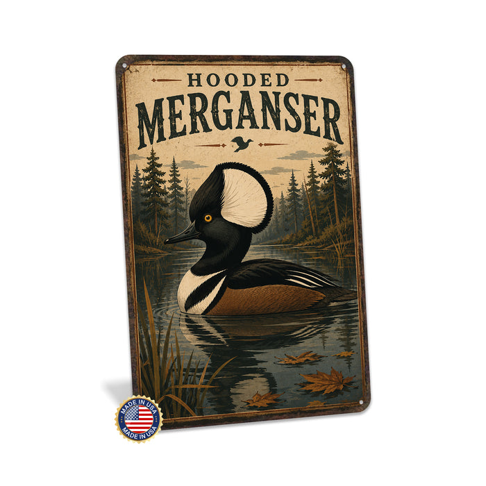 Hooded Merganser metal sign with vintage duck identification portrait style Hooded Merganser