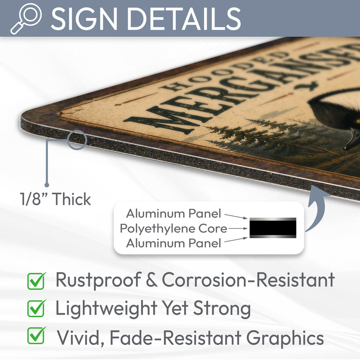 Hooded Merganser metal sign with vintage duck identification portrait style Hooded Merganser