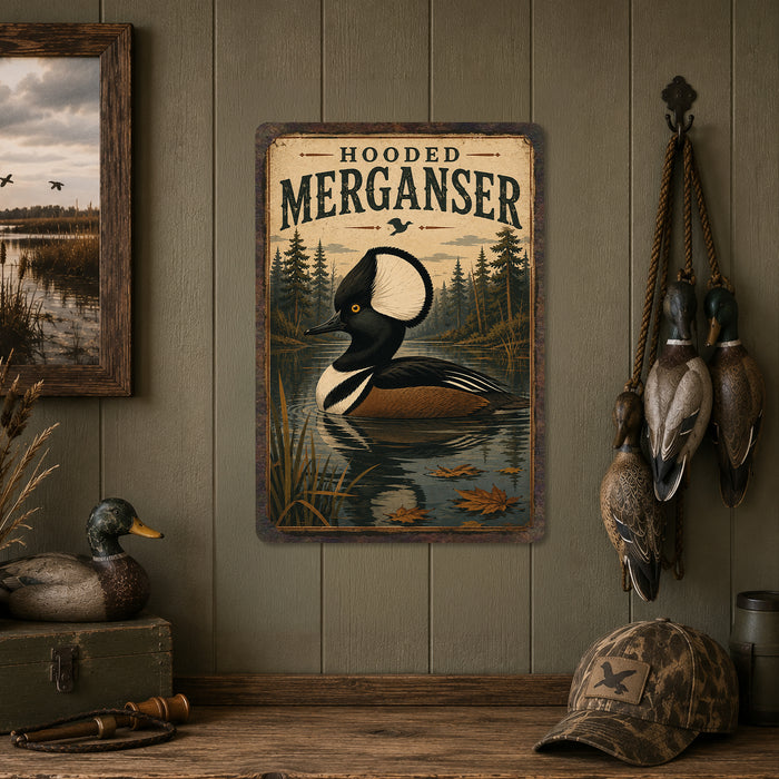 Hooded Merganser metal sign with vintage duck identification portrait style Hooded Merganser