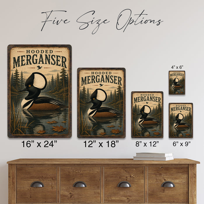 Hooded Merganser metal sign with vintage duck identification portrait style Hooded Merganser