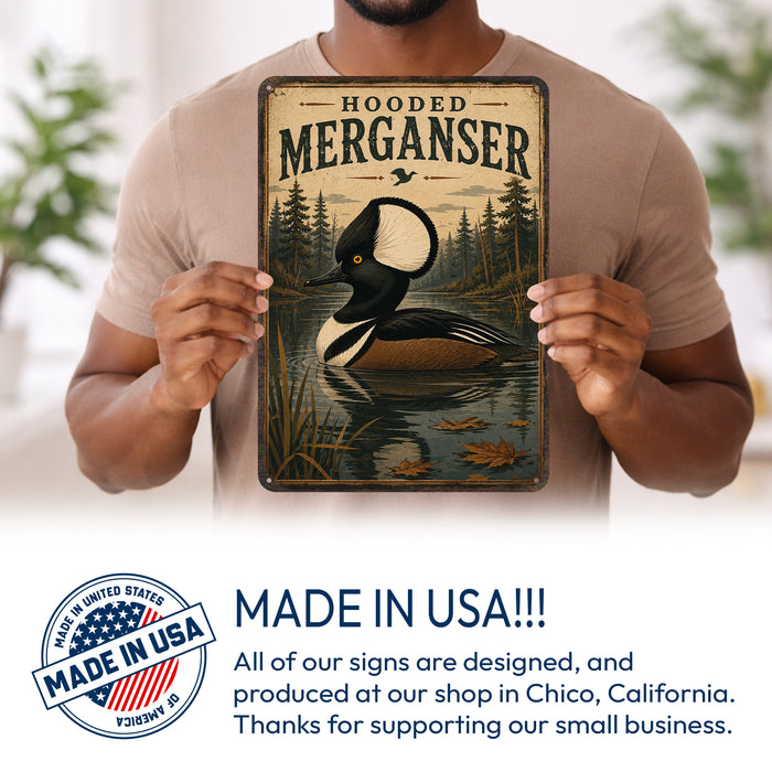 Hooded Merganser metal sign with vintage duck identification portrait style Hooded Merganser