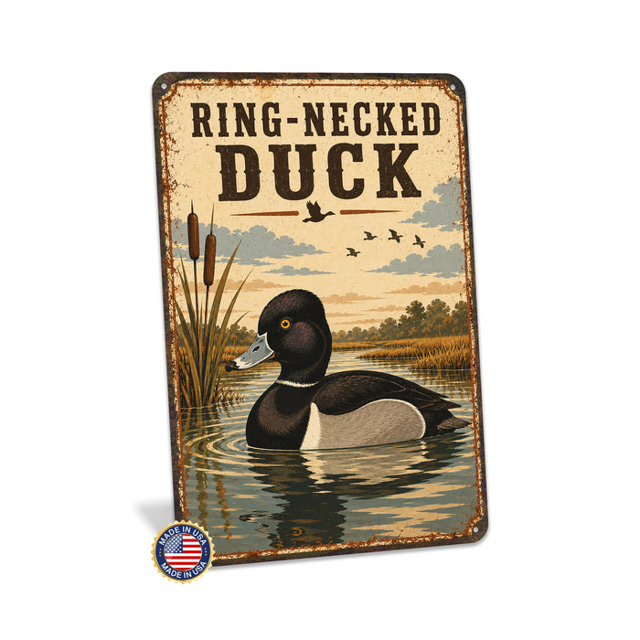 Ring-Necked Duck metal sign with vintage duck identification portrait style Ring-Necked Duck