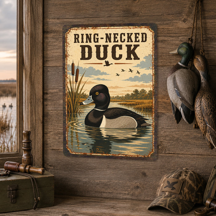 Ring-Necked Duck metal sign with vintage duck identification portrait style Ring-Necked Duck
