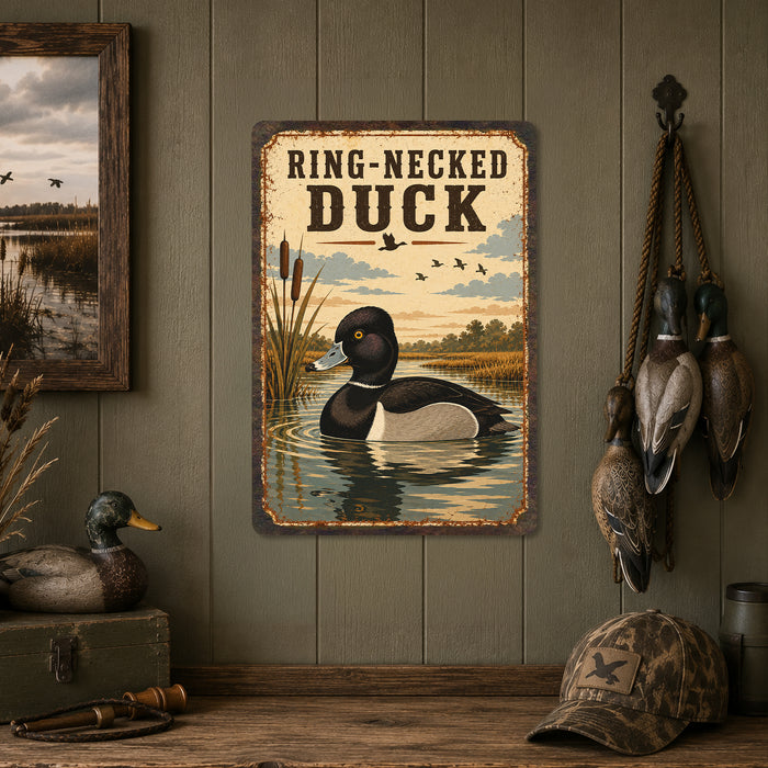 Ring-Necked Duck metal sign with vintage duck identification portrait style Ring-Necked Duck