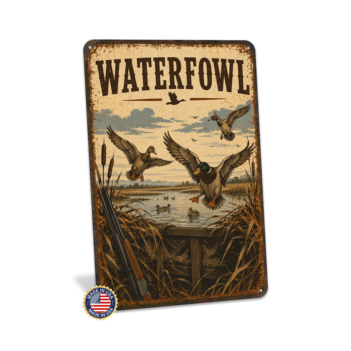 Waterfowl Hunting metal sign with vintage duck identification portrait style Waterfowl Hunting