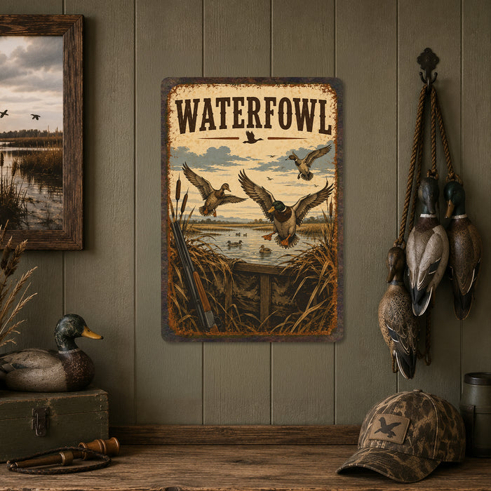 Waterfowl Hunting metal sign with vintage duck identification portrait style Waterfowl Hunting