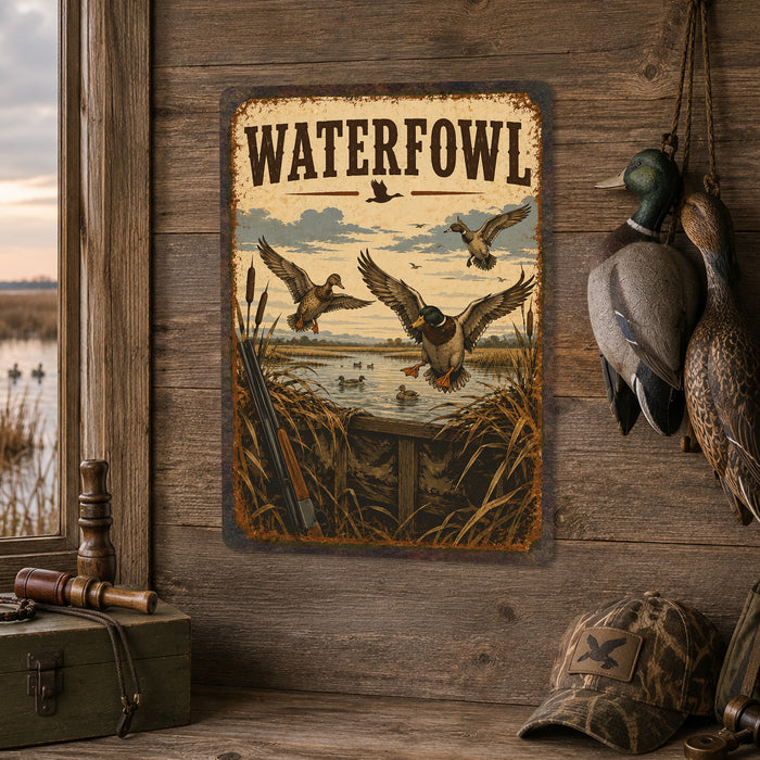 Waterfowl Hunting metal sign with vintage duck identification portrait style Waterfowl Hunting