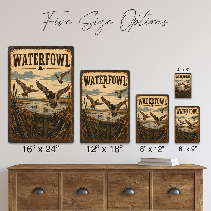 Waterfowl Hunting metal sign with vintage duck identification portrait style Waterfowl Hunting