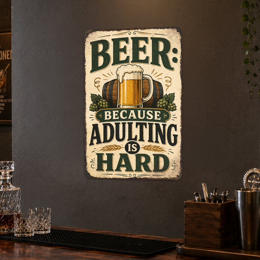Beer Because Adulting Is Hard metal sign with vintage beer humor sign style — Beer Because Adulting Is Hard