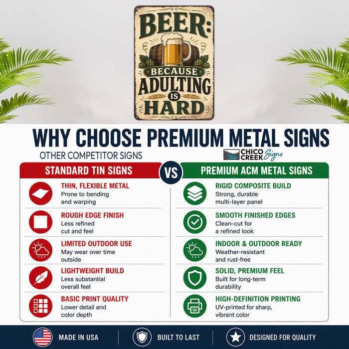 Beer Because Adulting Is Hard metal sign with vintage beer humor sign style — Beer Because Adulting Is Hard