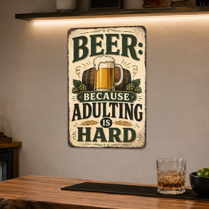 Beer Because Adulting Is Hard metal sign with vintage beer humor sign style — Beer Because Adulting Is Hard
