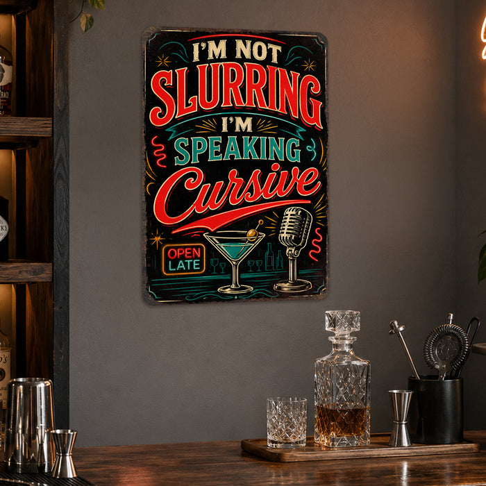 I'm Not Slurring I'm Speaking Cursive Cocktail metal sign with vintage cocktail humor sign style — I'm Not Slurring I'm