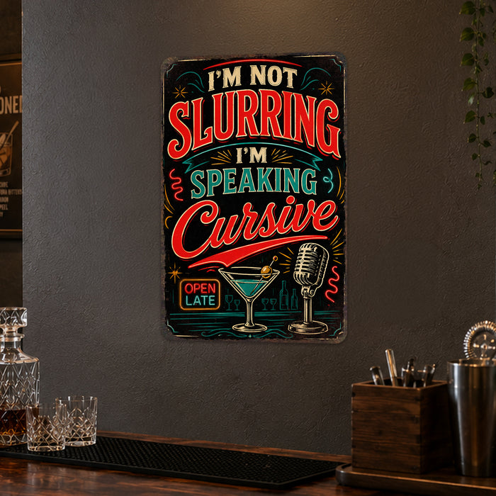 I'm Not Slurring I'm Speaking Cursive Cocktail metal sign with vintage cocktail humor sign style — I'm Not Slurring I'm