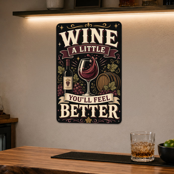 Wine A Little You'll Feel Better metal sign with vintage wine humor sign style — Wine A Little You'll Feel Better