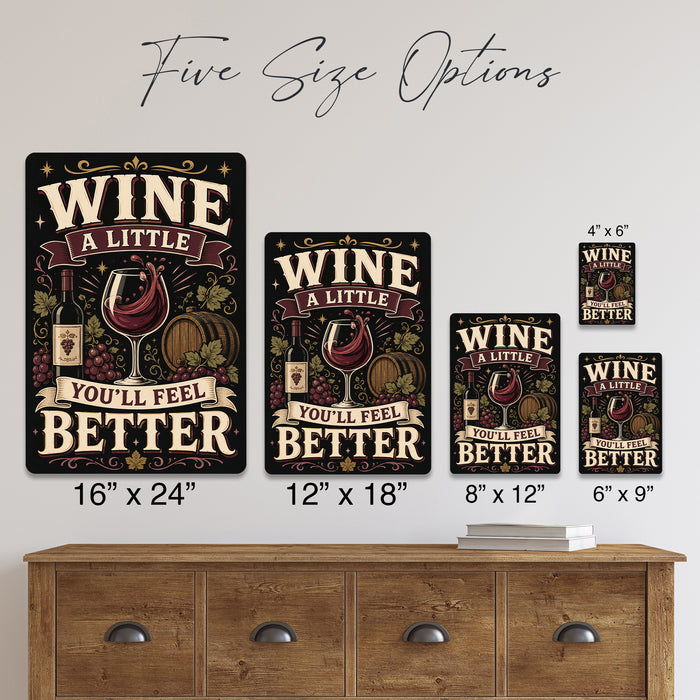 Wine A Little You'll Feel Better metal sign with vintage wine humor sign style — Wine A Little You'll Feel Better
