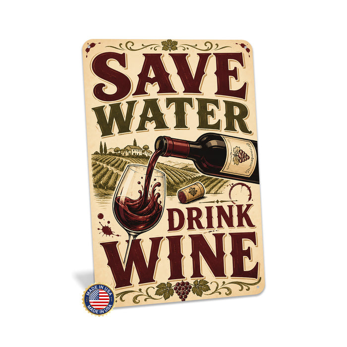Save Water Drink Wine metal sign with vintage wine humor sign style — Save Water Drink Wine