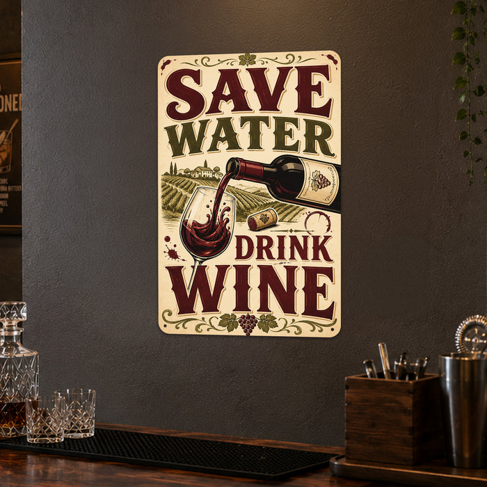 Save Water Drink Wine metal sign with vintage wine humor sign style — Save Water Drink Wine