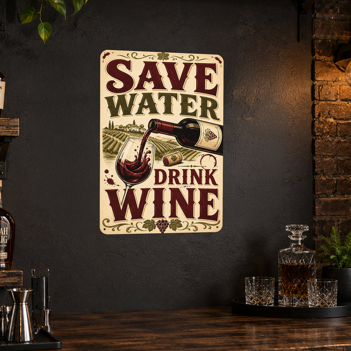 Save Water Drink Wine metal sign with vintage wine humor sign style — Save Water Drink Wine