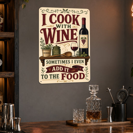 I Cook With Wine Sometimes I Even Add It to the Food metal sign with vintage wine humor sign style — I Cook With Wine
