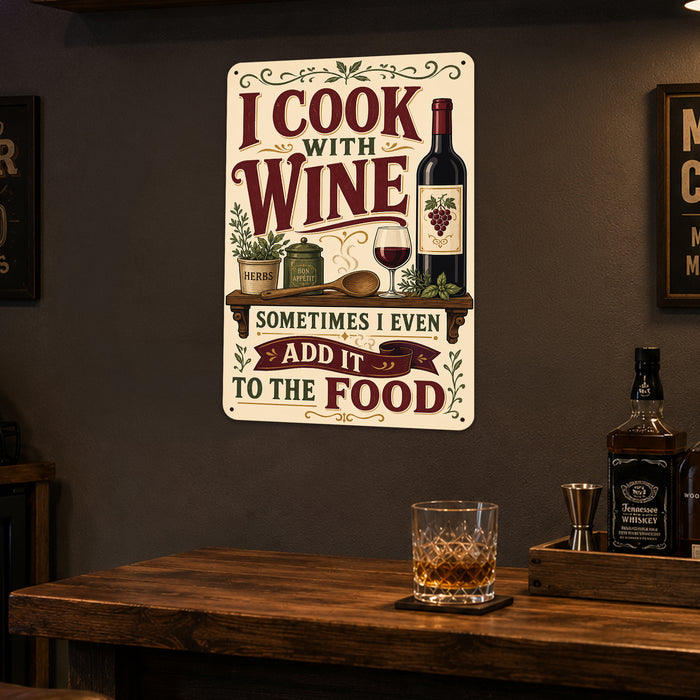 I Cook With Wine Sometimes I Even Add It to the Food metal sign with vintage wine humor sign style — I Cook With Wine