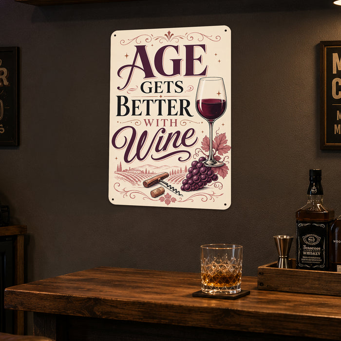 Age Gets Better With Wine metal sign with vintage wine humor sign style — Age Gets Better With Wine