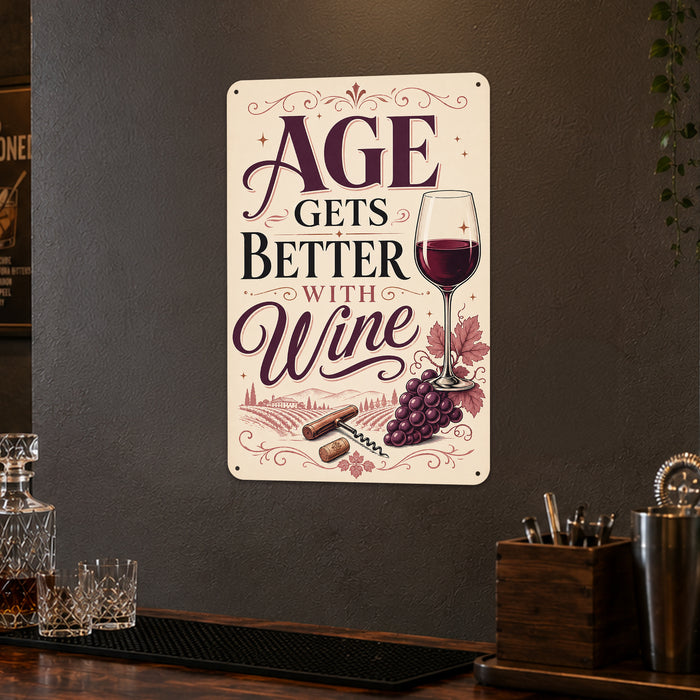 Age Gets Better With Wine metal sign with vintage wine humor sign style — Age Gets Better With Wine