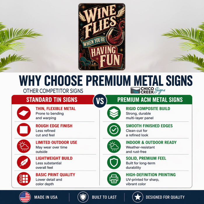 Wine Flies When You're Having Fun metal sign with vintage wine humor sign style — Wine Flies When You're Having Fun