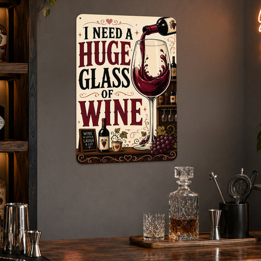 I Need a Huge Glass of Wine metal sign with vintage wine humor sign style — I Need a Huge Glass of Wine