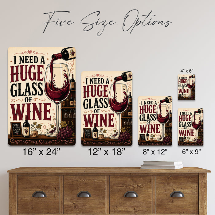 I Need a Huge Glass of Wine metal sign with vintage wine humor sign style — I Need a Huge Glass of Wine