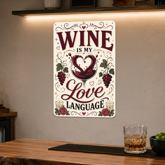 Wine Is My Love Language metal sign with vintage wine humor sign style — Wine Is My Love Language