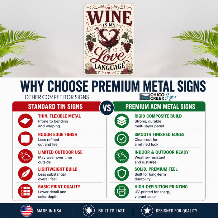 Wine Is My Love Language metal sign with vintage wine humor sign style — Wine Is My Love Language