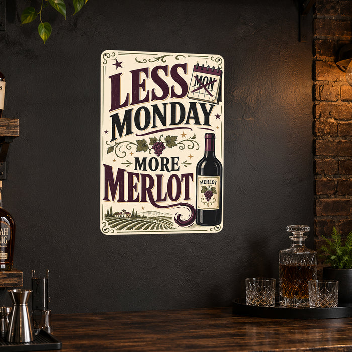 Less Monday More Merlot Wine metal sign with vintage wine humor sign style — Less Monday More Merlot Wine