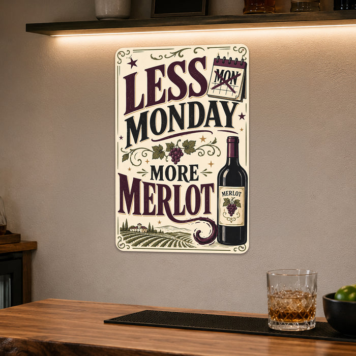 Less Monday More Merlot Wine metal sign with vintage wine humor sign style — Less Monday More Merlot Wine
