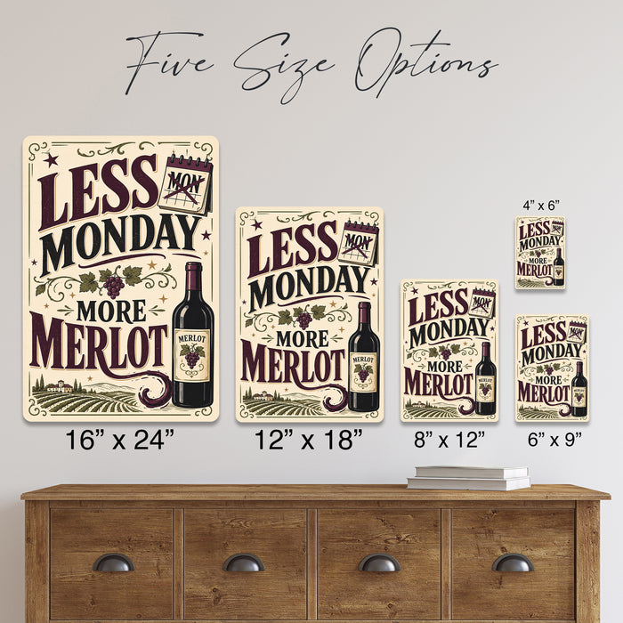 Less Monday More Merlot Wine metal sign with vintage wine humor sign style — Less Monday More Merlot Wine