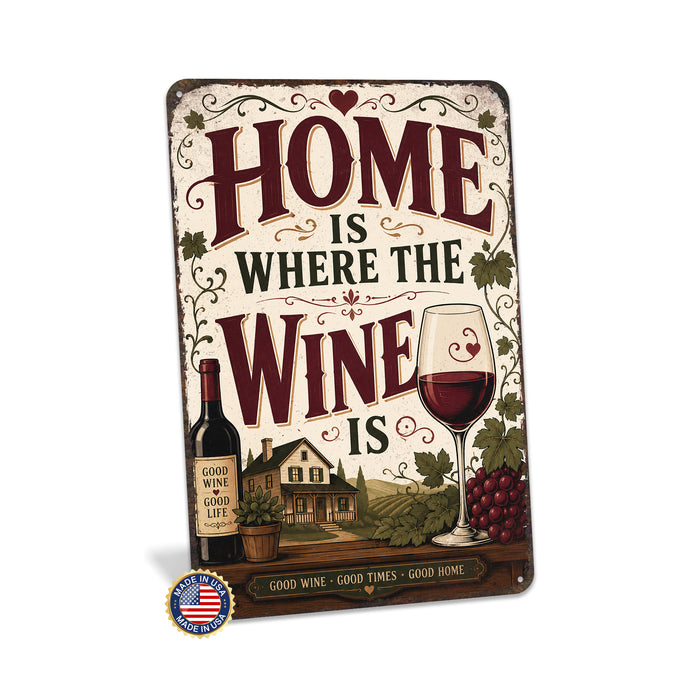 Home Is Where the Wine Is metal sign with vintage wine humor sign style — Home Is Where the Wine Is