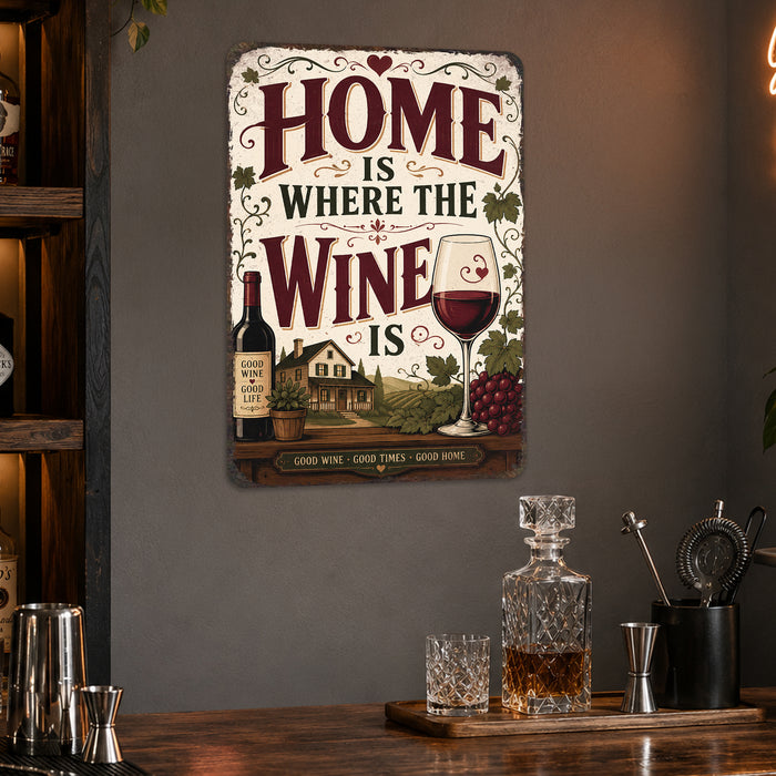 Home Is Where the Wine Is metal sign with vintage wine humor sign style — Home Is Where the Wine Is
