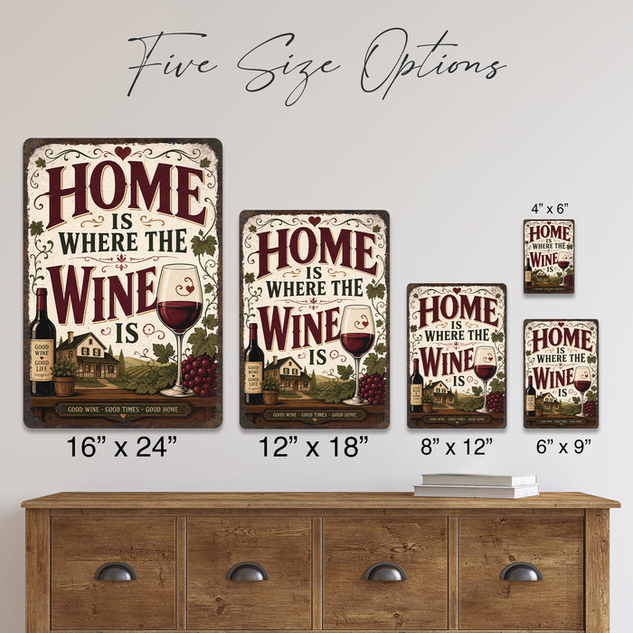 Home Is Where the Wine Is metal sign with vintage wine humor sign style — Home Is Where the Wine Is
