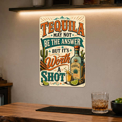 Tequila May Not Be the Answer Worth a Shot metal sign with vintage tequila humor sign style — Tequila May Not Be the Answer