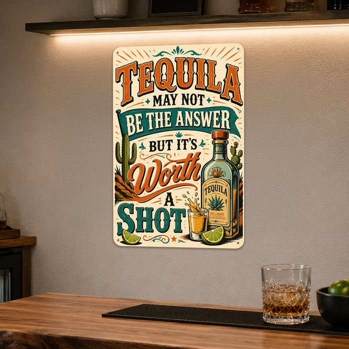 Tequila May Not Be the Answer Worth a Shot metal sign with vintage tequila humor sign style — Tequila May Not Be the Answer
