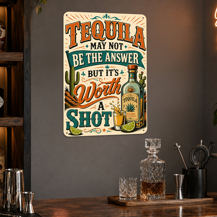 Tequila May Not Be the Answer Worth a Shot metal sign with vintage tequila humor sign style — Tequila May Not Be the Answer
