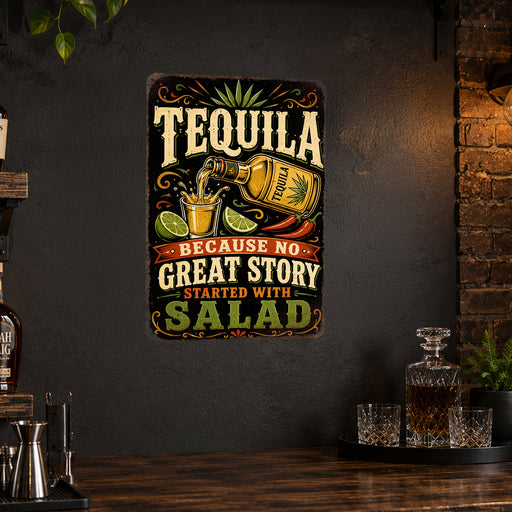 Tequila Because No Great Story Started With Salad metal sign with vintage tequila humor sign style — Tequila Because No