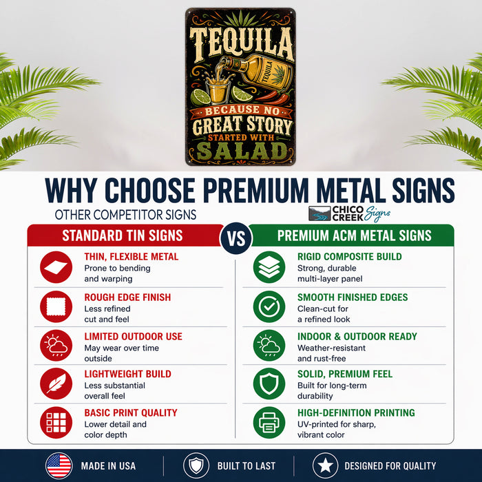 Tequila Because No Great Story Started With Salad metal sign with vintage tequila humor sign style — Tequila Because No