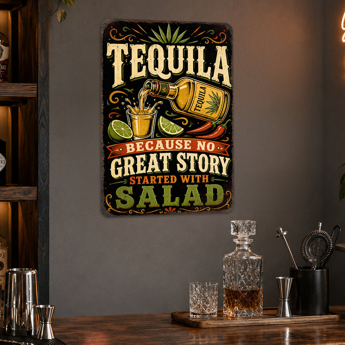 Tequila Because No Great Story Started With Salad metal sign with vintage tequila humor sign style — Tequila Because No
