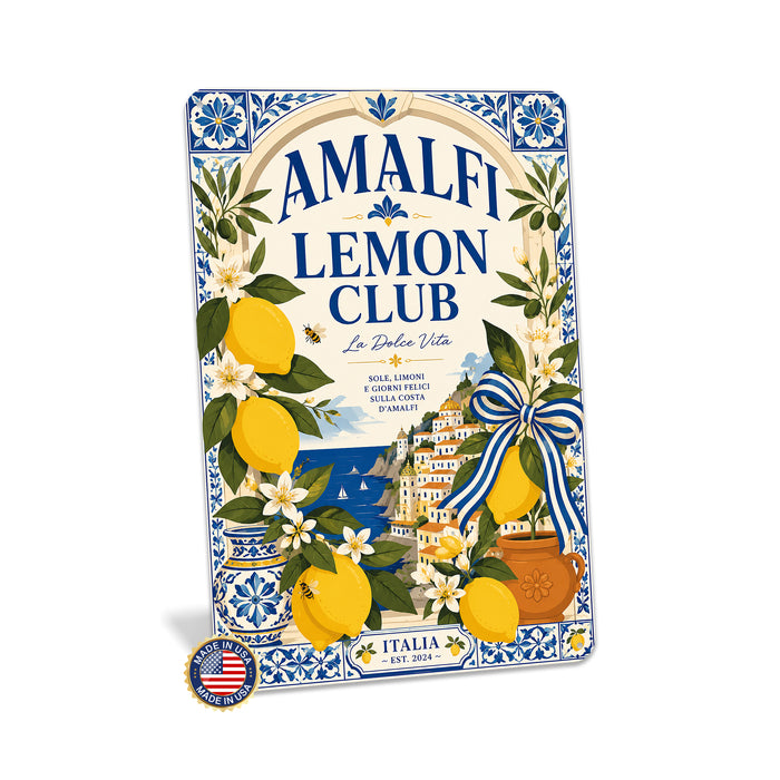 Amalfi Lemon Club La Dolce Vita metal sign with boho vintage italian coastal bar poster — Amalfi Lemon Club La Dolce Vita