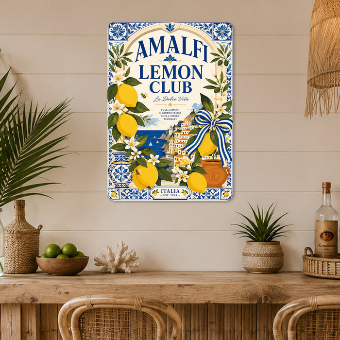 Amalfi Lemon Club La Dolce Vita metal sign with boho vintage italian coastal bar poster — Amalfi Lemon Club La Dolce Vita