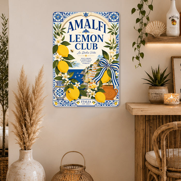 Amalfi Lemon Club La Dolce Vita metal sign with boho vintage italian coastal bar poster — Amalfi Lemon Club La Dolce Vita
